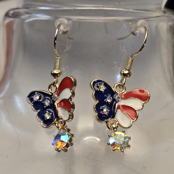 Drop Earrings 14k Gold Plated Butterfly Flag Pattern Design Patriotic Jewelry - Picture 1 of 5